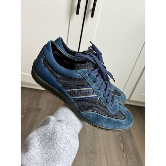 Salvatore Ferragamo Navy Blue Fabric and Leather Lace Up Low Top Sneakers Size 8 main image 6